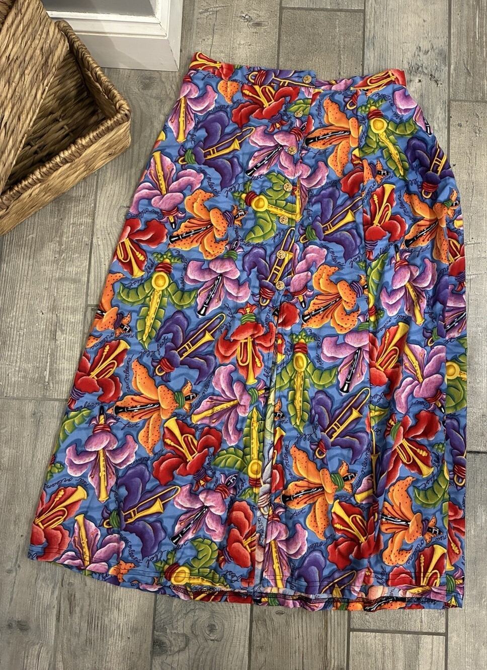 BayouWear Fleur De Jazz Maxi Button Front Skirt New Orleans Jazz Fest Womens XL